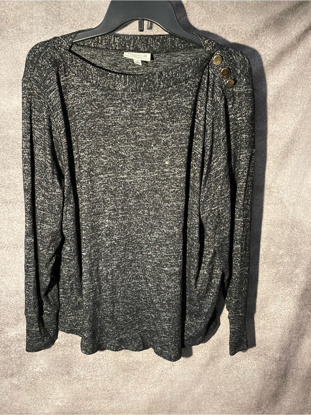 Studio B by Bobeau Metallic Sparkle Knit Top 1X Charcoal Gray Long Sleeve Shirt